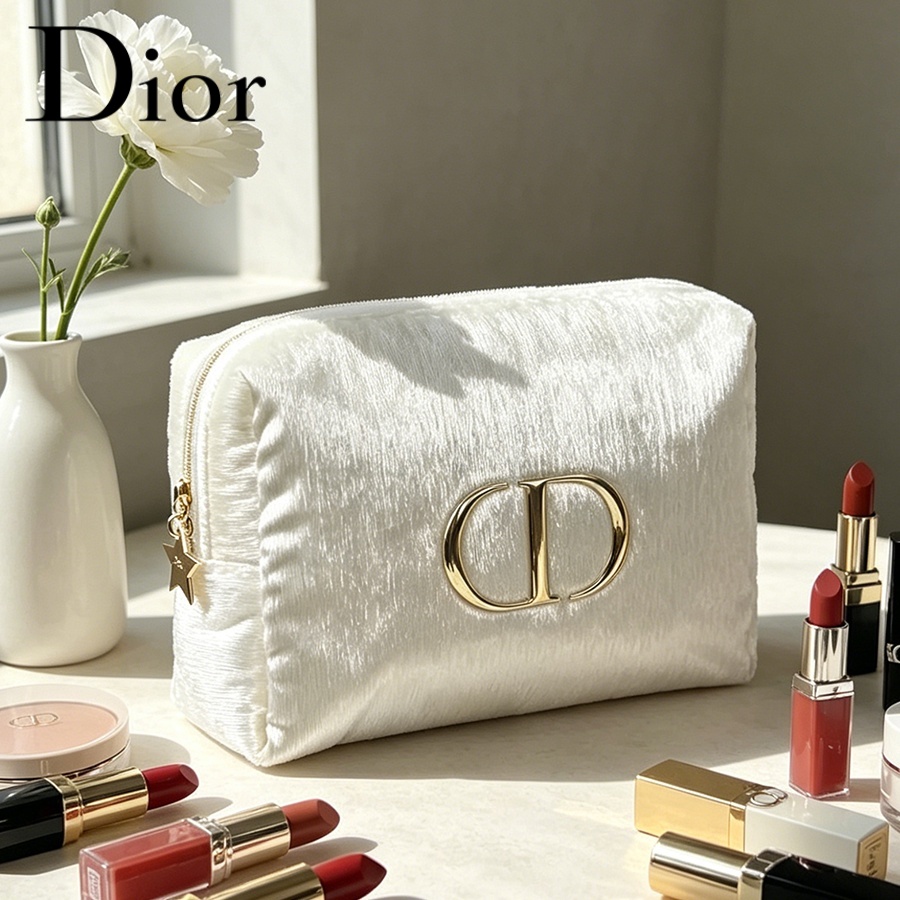 Women Bags Dior - กระเป๋าดิออร์ ไวท์ เวลเวท ทราเวล คอสเมติก แบ็กกระเป๋าเก็บของจำเป็นสำหรับผู้หญิง