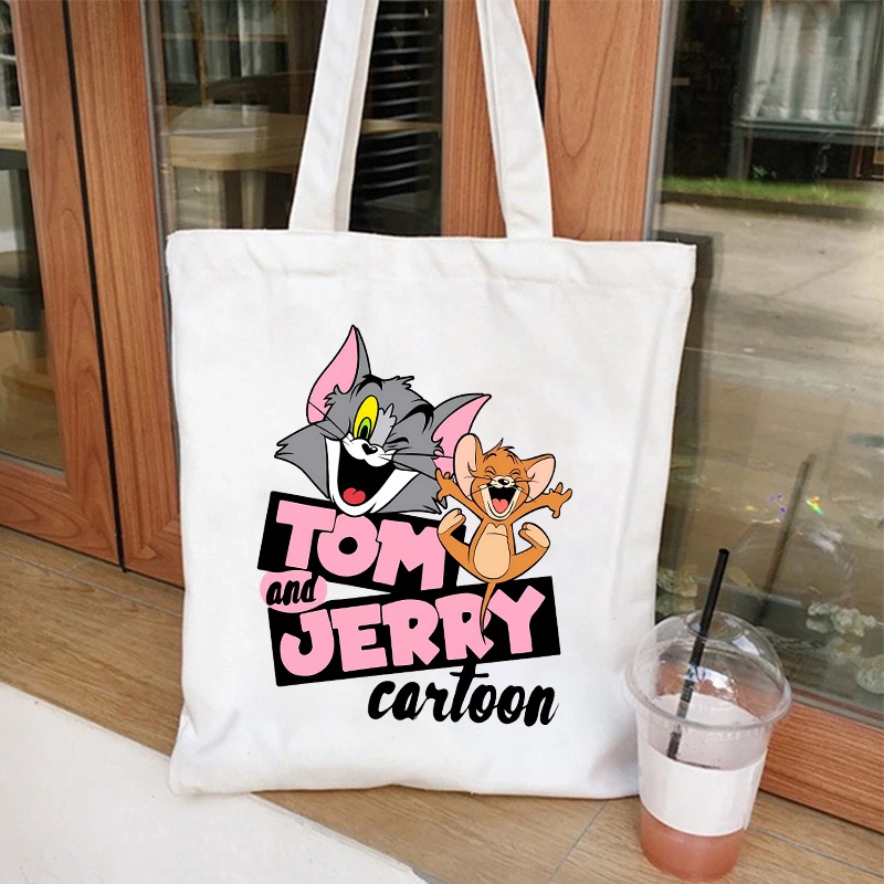 Women Bags Gift - ทอมแอนด์เจอร์รี่กระเป๋าผ้าแคนวาสน่ารักผู้หญิงผู้ชายกลางแจ้งแบบพกพาความจุขนาดใหญ่กระเป๋าถือการ์ตูนอะนิเมะรูปแบบกระเป๋าช้อปปิ้งของขวัญ